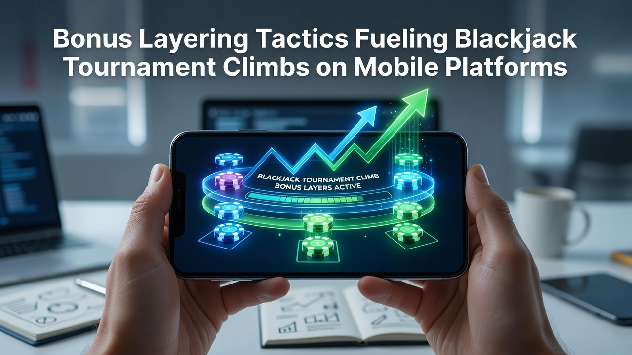 Mobile blackjack player reviewing layered bonus offers on a smartphone screen during a tournament session