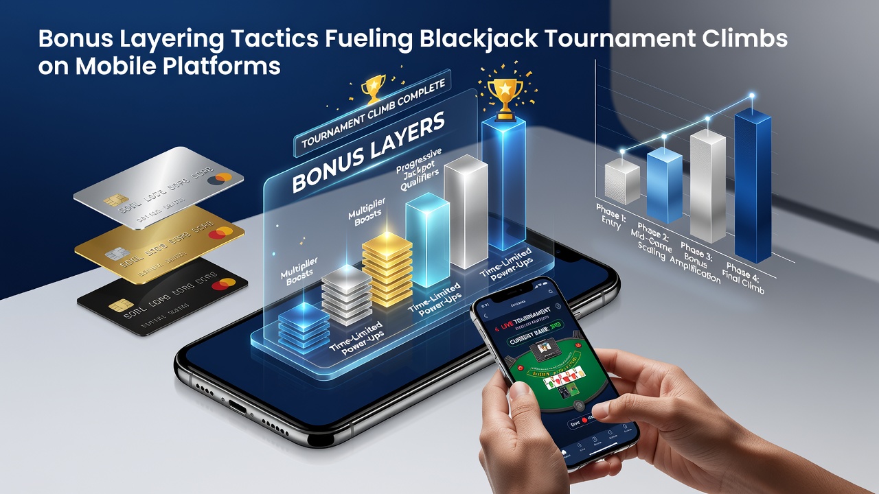 Close-up of a mobile screen displaying stacked blackjack bonuses and tournament leaderboard