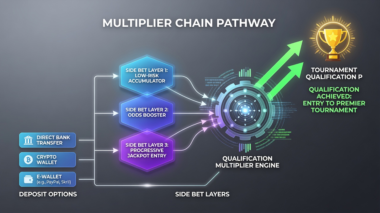 Flowchart showing side bet layers integrating with deposit multipliers for tournament qualification