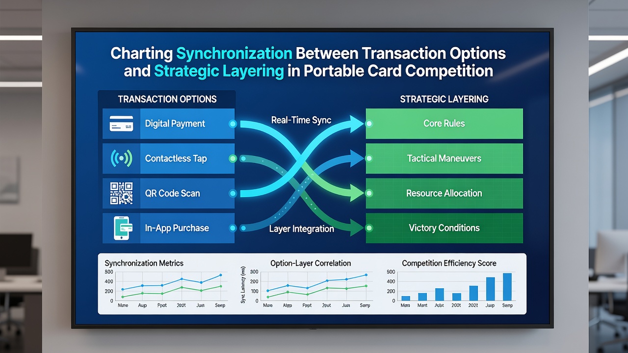 Strategic layering diagram overlaid on mobile payment dashboard for card competitions