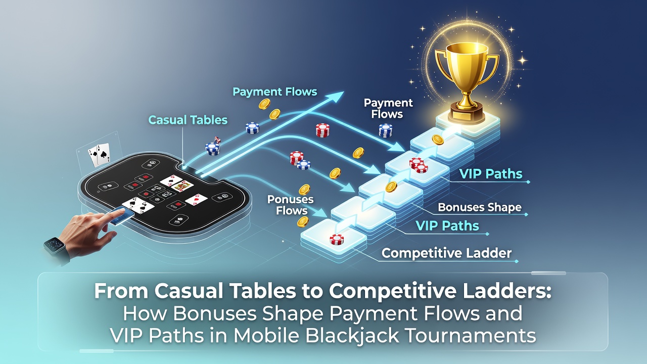 Mobile blackjack players progressing from casual tables to competitive tournament ladders through bonus incentives and VIP rewards
