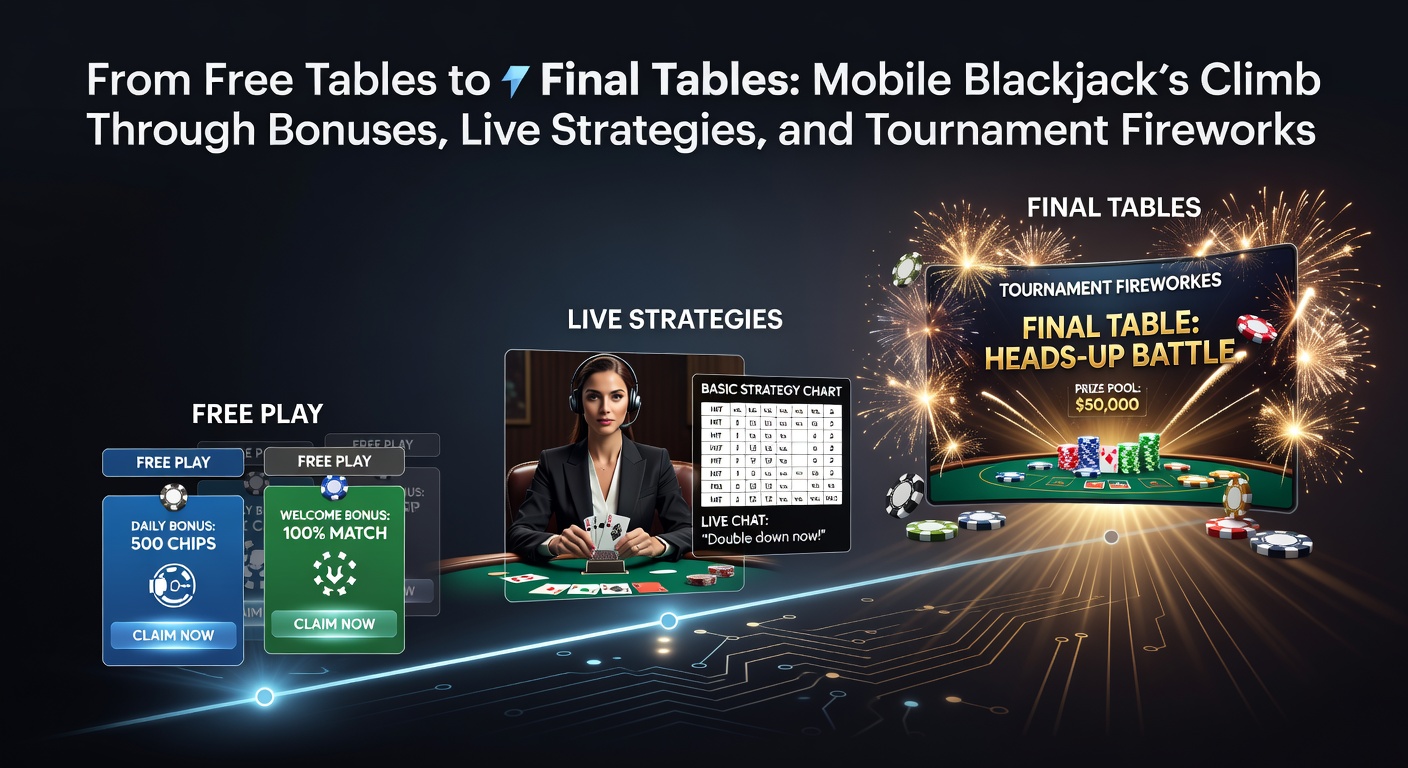 Smartphone screen displaying a mobile blackjack game with free play table and bonus icons highlighted, capturing the entry point for new players