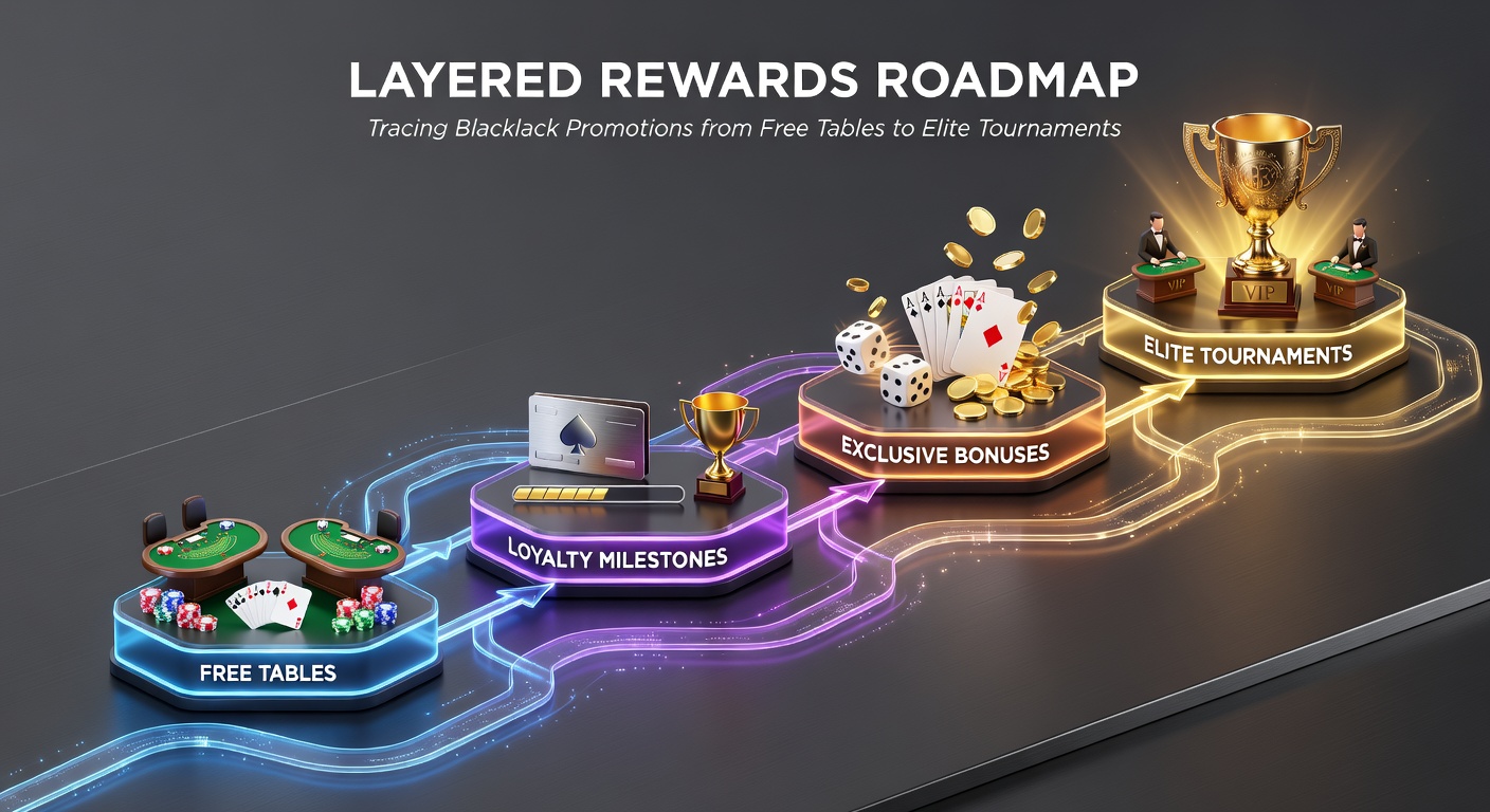 A vibrant digital illustration showing a ladder ascending from free blackjack tables at the base to glittering elite tournament stages at the top, with reward icons like chips, bonuses, and trophies marking each rung