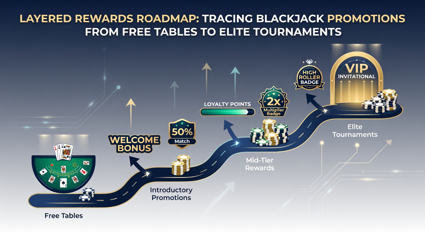 Screenshot of a casino app displaying a rewards roadmap graphic, with icons progressing from free play badges through bonus levels to VIP tournament invitations, set against a blackjack table background