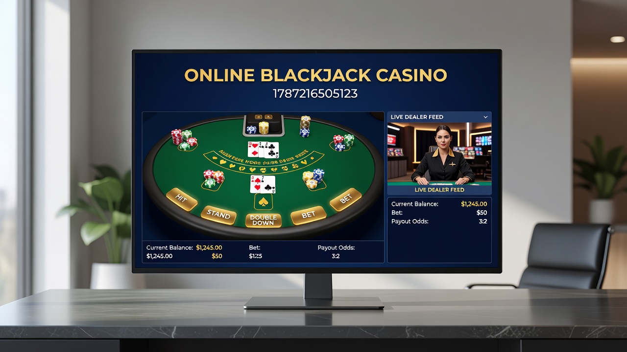 Mobile device displaying an online blackjack game in progress with live dealer visible on screen