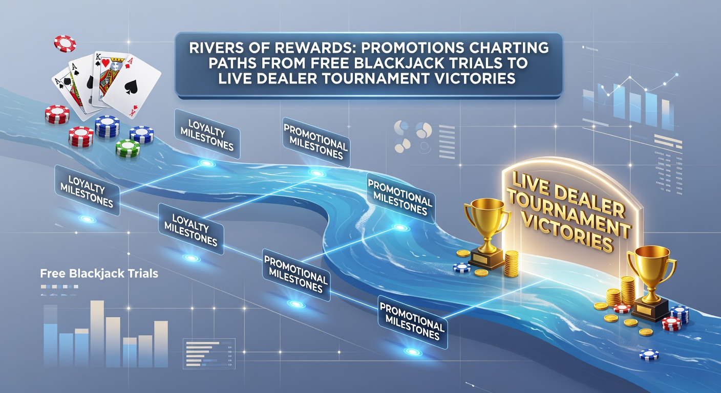 Vibrant digital illustration of cascading gold coins and blackjack cards flowing from a free play screen into a high-stakes live dealer tournament arena, symbolizing promotional reward pathways