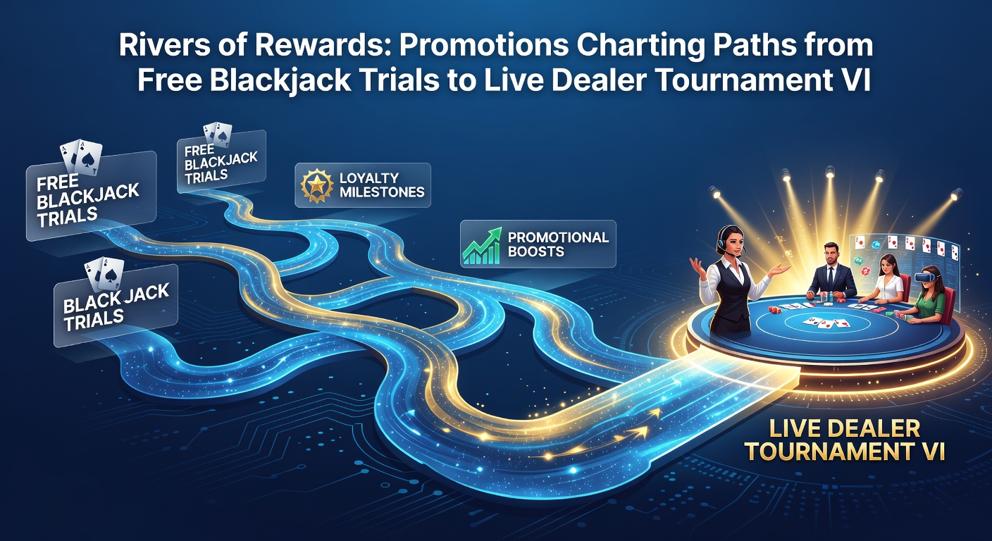 Dynamic scene of a player navigating a glowing promotional ladder, climbing from free blackjack demo icons through bonus waterfalls to a crowning live dealer tournament trophy under spotlights