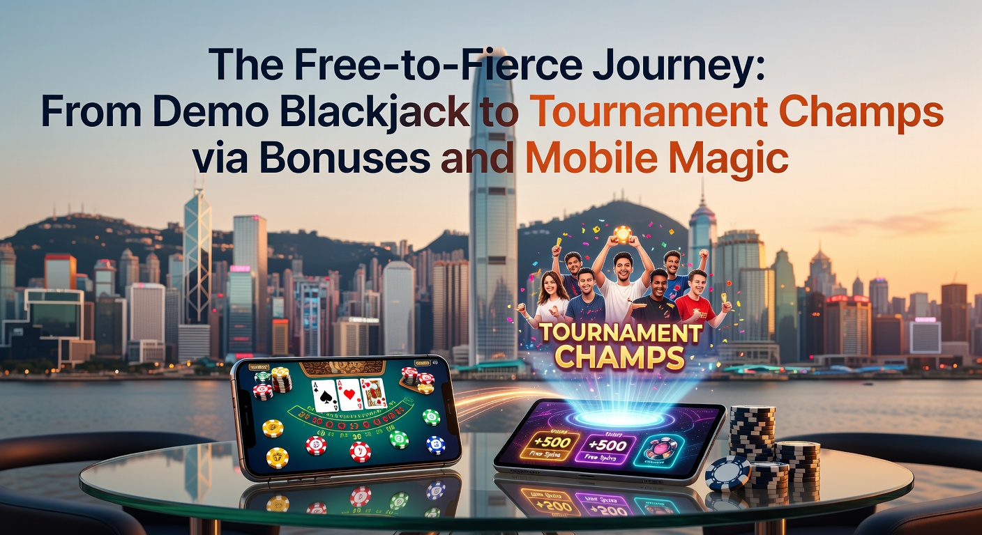A player evolving from free demo blackjack screens to a triumphant tournament podium, symbolizing the progression through practice, bonuses, and mobile play