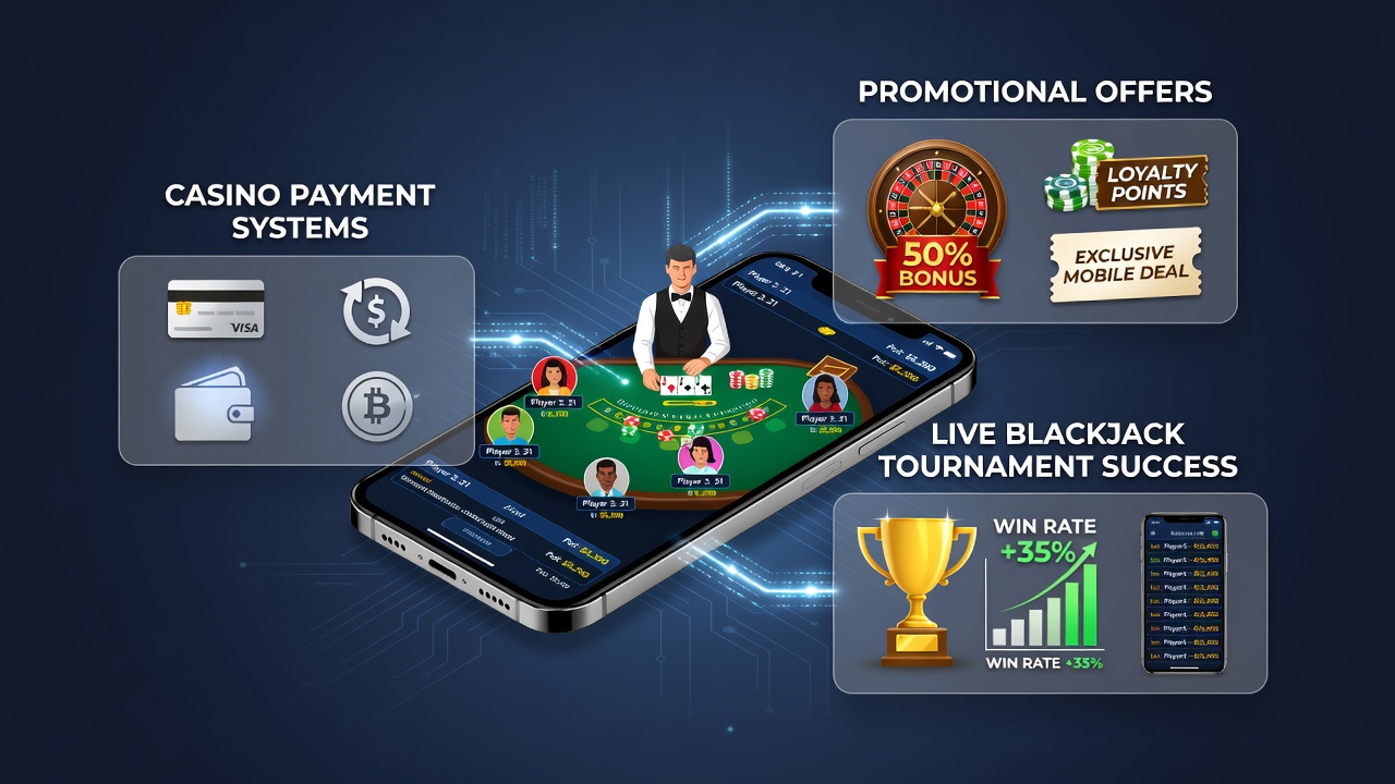 Mobile device displaying live blackjack tournament interface with payment options and bonus indicators visible on screen
