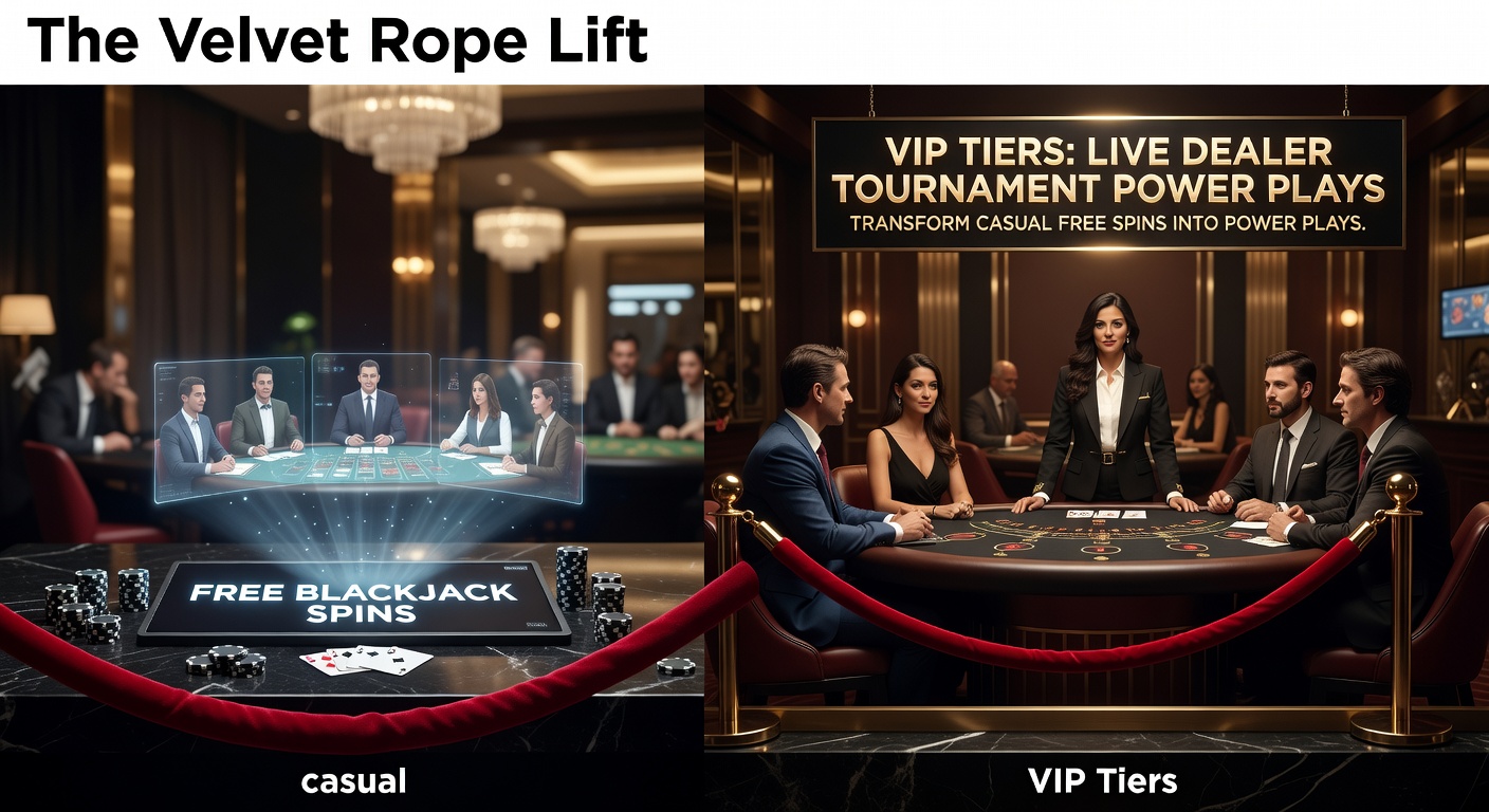 VIP players accessing exclusive blackjack tournament tables behind a velvet rope, highlighting the transition from free spins to high-stakes action
