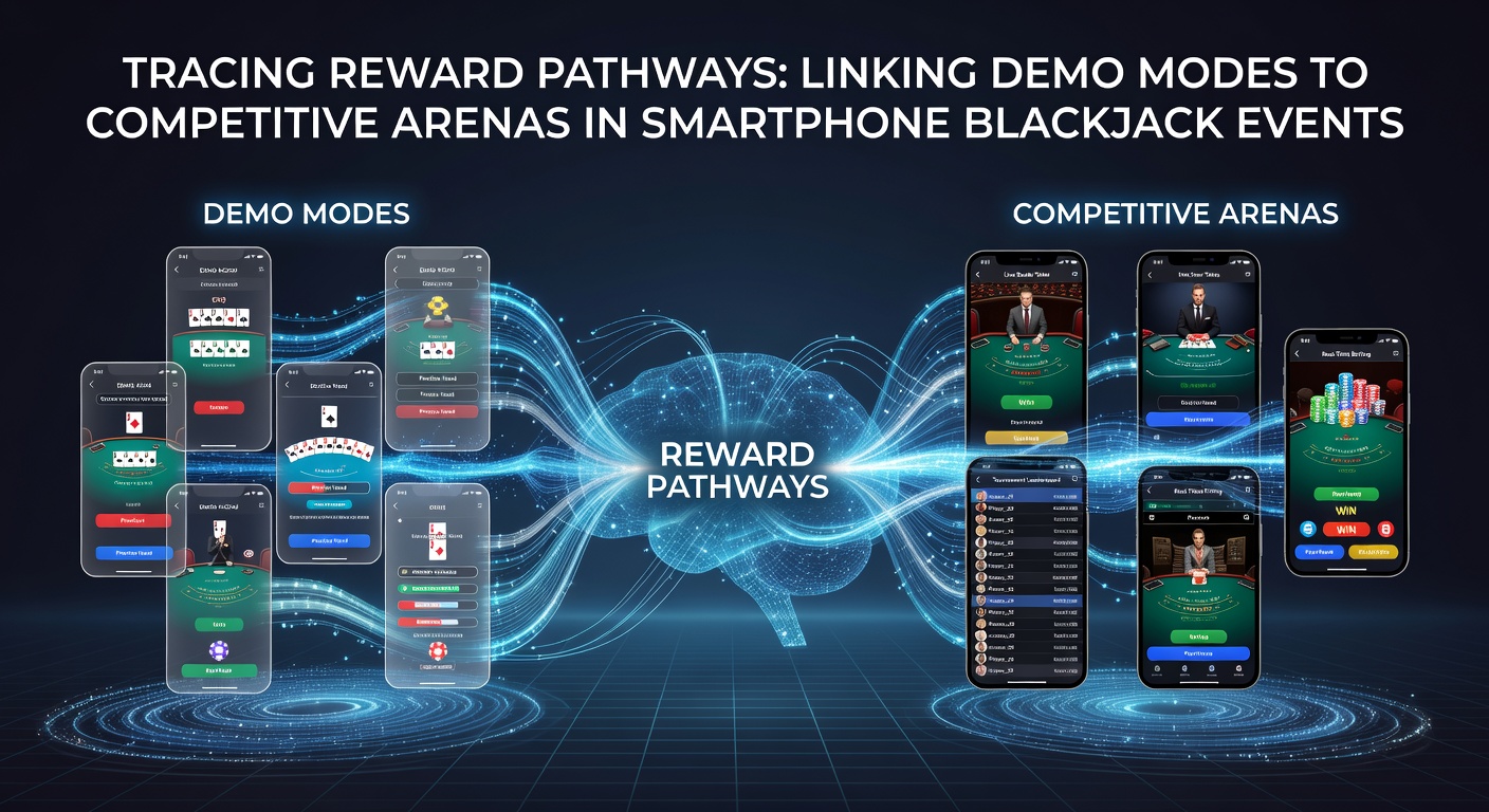 Smartphone screen showing blackjack demo interface transitioning to tournament mode with reward indicators
