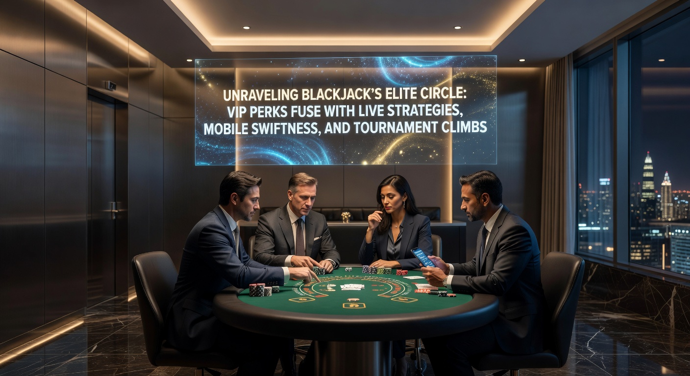 Elite blackjack players at a high-stakes VIP table with live dealers and mobile devices in view, capturing the fusion of luxury perks and strategic play