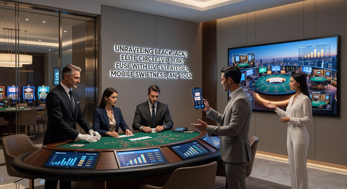 Dynamic scene of mobile blackjack tournament on a sleek device, showing live dealer interface, VIP badges, and climbing leaderboards amid fast-paced action